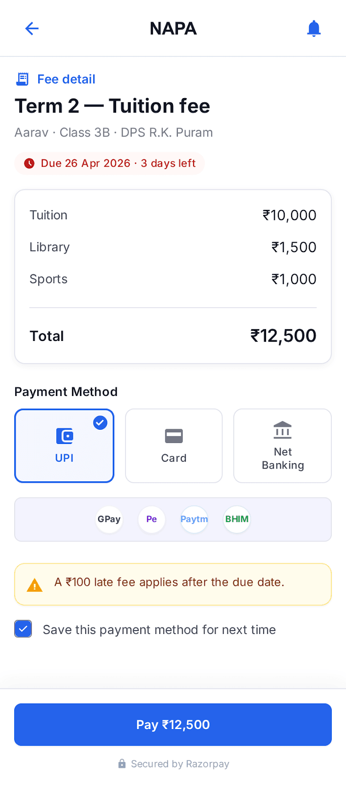 Fee detail screen with online payment