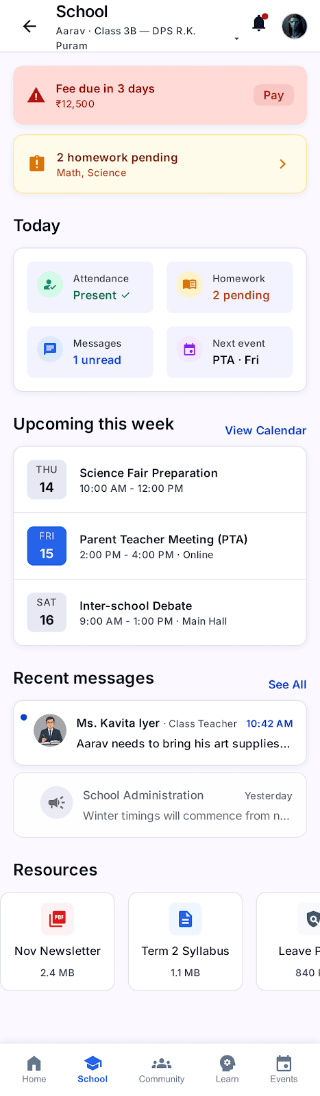 School dashboard with announcements and academics
